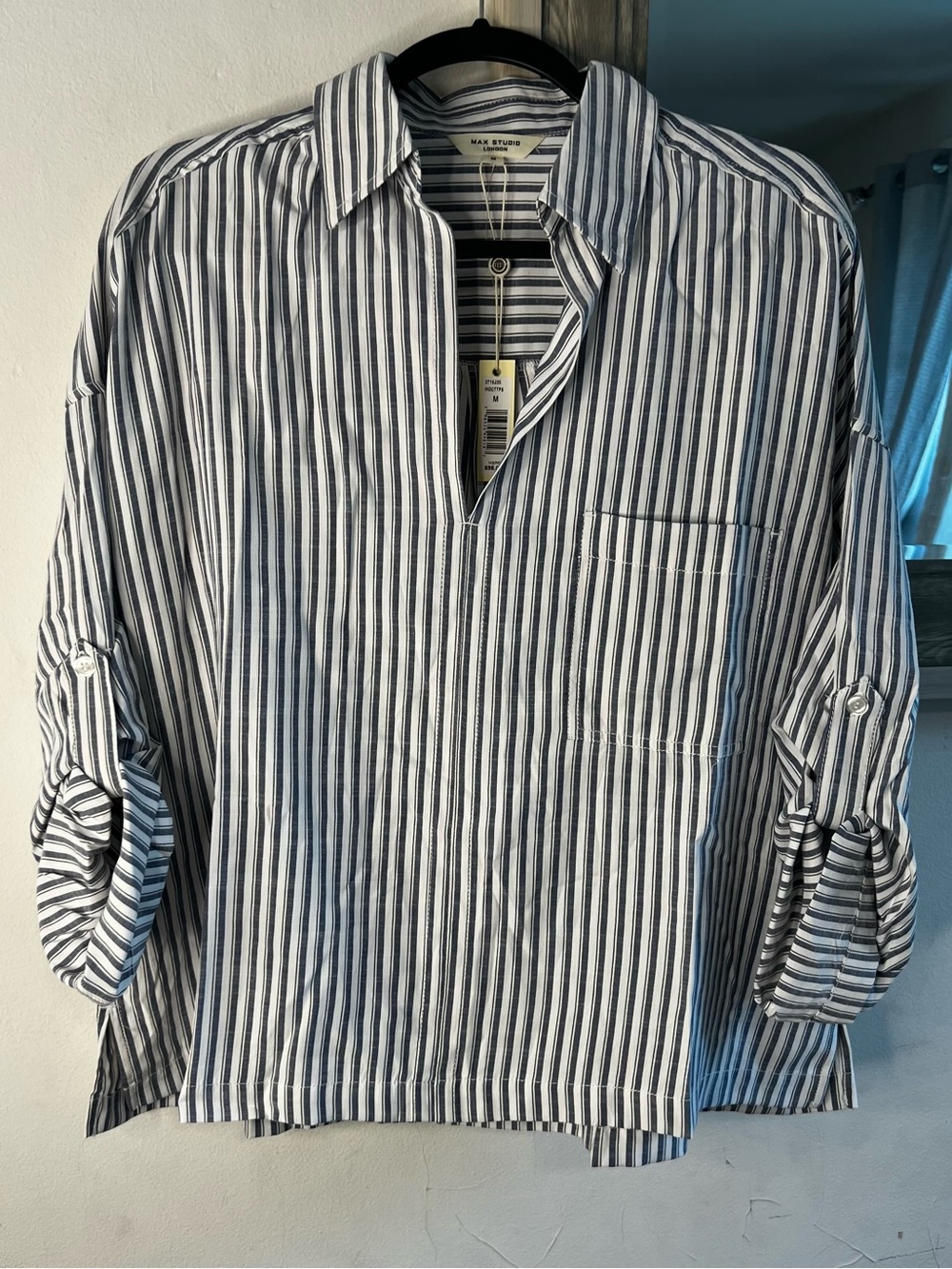 Max Studio Blue and White Vertical Stripe Casual Button-Down Shirt - Picture 2 of 6